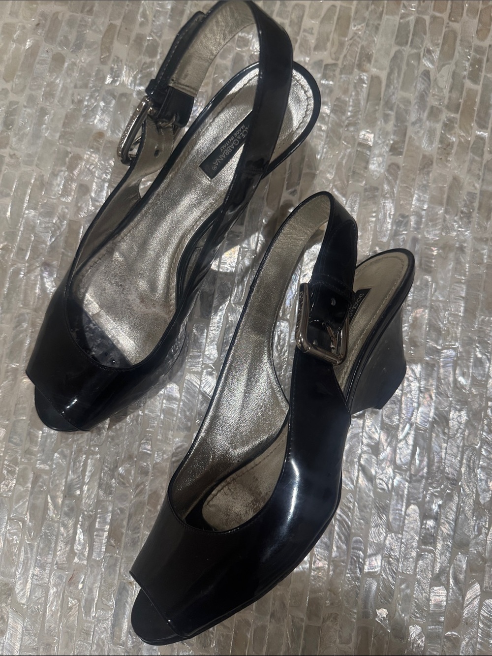 Dolce & Gabbana Black Patent Slingback Peep-Toe Heels